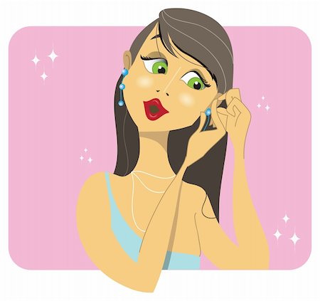 earring drawing - A beautiful brunette woman placing her earrings in preparation for a soiree or party, on a pink and glittering background. Stock Photo - Budget Royalty-Free & Subscription, Code: 400-04299976