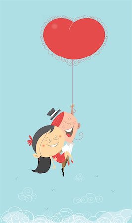 dreaming cloud girl - A Saint-Valentine's romantic retro illustration of a man and woman flying in the sky, going to paradise holding a hot air big heart red balloon Stock Photo - Budget Royalty-Free & Subscription, Code: 400-04299989