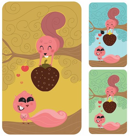 simsearch:400-04286012,k - Cute male squirrel or rodent in a tree giving his nut or strawberry to his fiancee or lover. She is enticed with him, completly in love. Retro style illustration Stock Photo - Budget Royalty-Free & Subscription, Code: 400-04299993