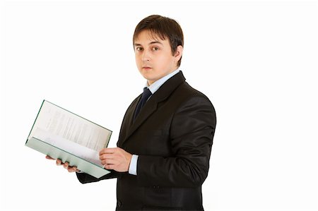 simsearch:400-05285550,k - Serious modern businessman  holding folder with documents in hand isolated on white Stockbilder - Microstock & Abonnement, Bildnummer: 400-04290195