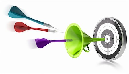 three darts hitting the center of a target helped by a green funnel, image is over a white background Stock Photo - Budget Royalty-Free & Subscription, Code: 400-04291286