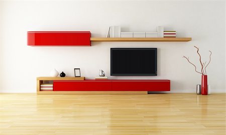 empty living room with shelves cabinet and lcd tv - rendering Stock Photo - Budget Royalty-Free & Subscription, Code: 400-04291469