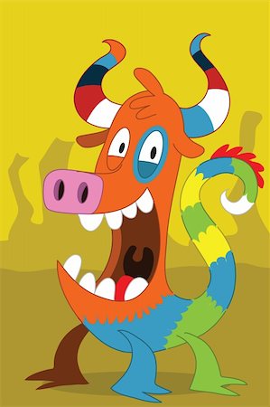 slime - Taurus with stripe horn alien monster with colored dragon tail, pig nose, striped horns, look overjoyed smile on a yellow canyon background Photographie de stock - Aubaine LD & Abonnement, Code: 400-04291479