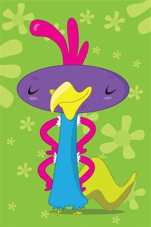 Chicken bird cartoon monster, with four arms, large purple oval head, slimy tail, and confident smile on her face, on a greend flower background Fotografie stock - Microstock e Abbonamento, Codice: 400-04291470