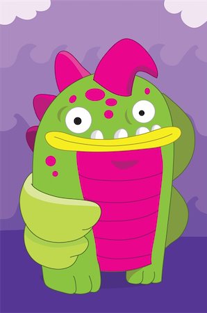 simsearch:400-04291488,k - Amphibian fish looking alien monster cartoon illustration, on a wave and cloud purple background Stock Photo - Budget Royalty-Free & Subscription, Code: 400-04291485