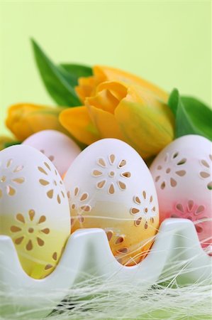 Flowery Easter eggs in an egg holder. Shallow dof Stock Photo - Budget Royalty-Free & Subscription, Code: 400-04291987