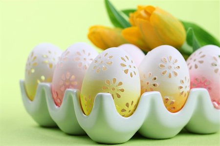 Flowery Easter eggs in an egg holder. Shallow dof Stock Photo - Budget Royalty-Free & Subscription, Code: 400-04291988