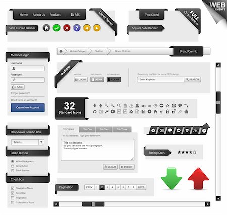 simsearch:400-07829145,k - A complete web design elements with layout, menu, icons, buttons, headers, and other essential features. Photographie de stock - Aubaine LD & Abonnement, Code: 400-04292598