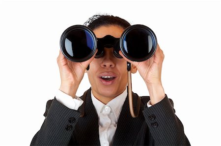 simsearch:400-04554899,k - Woman looks through binoculars searching for business. Isolated on white background. Stock Photo - Budget Royalty-Free & Subscription, Code: 400-04292778