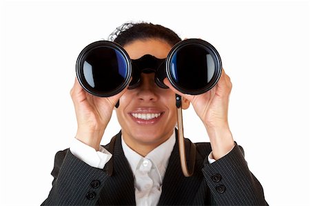 simsearch:400-04632747,k - Woman looks through binoculars and found business. Isolated on white background. Fotografie stock - Microstock e Abbonamento, Codice: 400-04292779