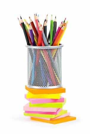 post its lots - Reminders and color pencils isolated on the white Stock Photo - Budget Royalty-Free & Subscription, Code: 400-04292902