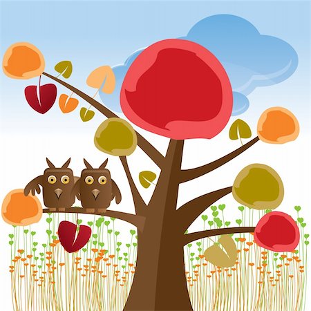 valentine tree with owls - vector illustration Photographie de stock - Aubaine LD & Abonnement, Code: 400-04293302