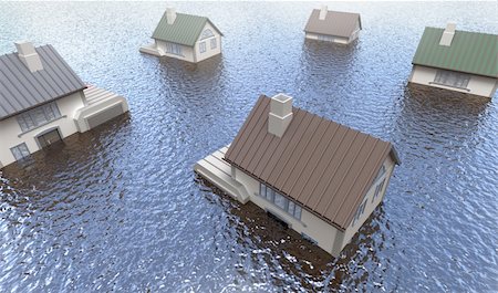 Flooded homes. 3D image Fotografie stock - Microstock e Abbonamento, Codice: 400-04293492