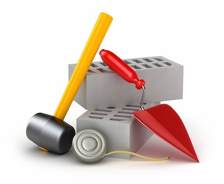 Building tools : hammer trowel and brick. White background Fotografie stock - Microstock e Abbonamento, Codice: 400-04293694