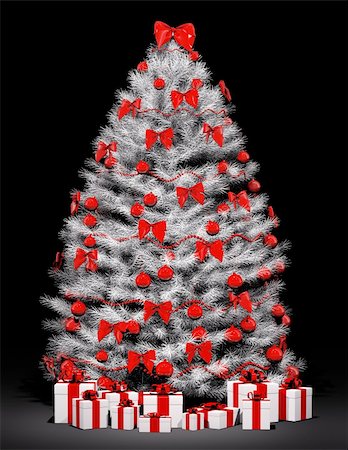 simsearch:400-04241664,k - Christmas fir tree decorated with red bows and balls over the black 3d render Stock Photo - Budget Royalty-Free & Subscription, Code: 400-04304953