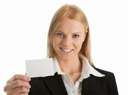simsearch:400-04648812,k - Businesswoman holding blank card. Isolated on white Stock Photo - Budget Royalty-Free & Subscription, Code: 400-04305262
