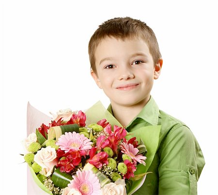 simsearch:659-03527445,k - One boy with bouquet of miscellaneous flowers isolated on white background Photographie de stock - Aubaine LD & Abonnement, Code: 400-04306007