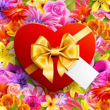 simsearch:694-03328113,k - Red heart shaped gift with golden bow on flower background Fotografie stock - Microstock e Abbonamento, Codice: 400-04306043