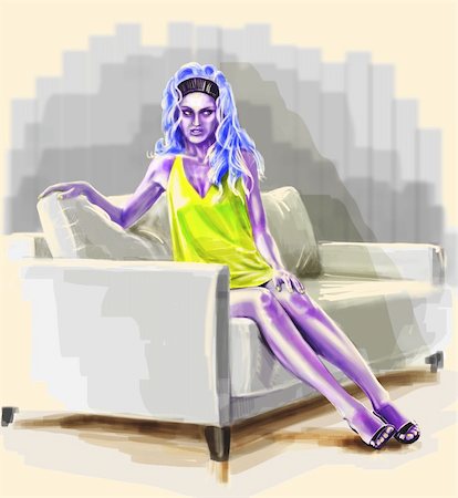 simsearch:400-04259245,k - Purple lady with blue hair sitting on sofa and looking away. Fotografie stock - Microstock e Abbonamento, Codice: 400-04307166