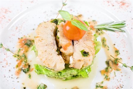 Salad of roasted fillet pike perch with courgette and aubergine, and cherry tomato Stock Photo - Budget Royalty-Free & Subscription, Code: 400-04307413