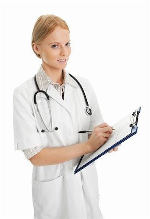 Cheerful medical doctor woman filling out prescription. Isolated on white Stock Photo - Budget Royalty-Free & Subscription, Code: 400-04307461