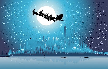 santa night - Santa Claus riding his sleigh over a city Stock Photo - Budget Royalty-Free & Subscription, Code: 400-04307711