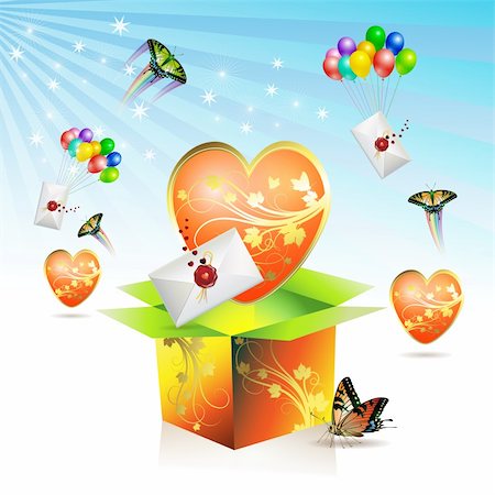 Valentine's box, big heart, envelopes raised by balloons and butterfly, vector illustration Stock Photo - Budget Royalty-Free & Subscription, Code: 400-04307899