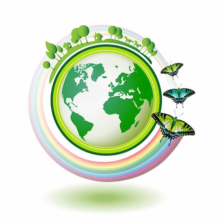 simsearch:400-05366140,k - Eco Earth, green and blue with butterflies on white background Fotografie stock - Microstock e Abbonamento, Codice: 400-04307909