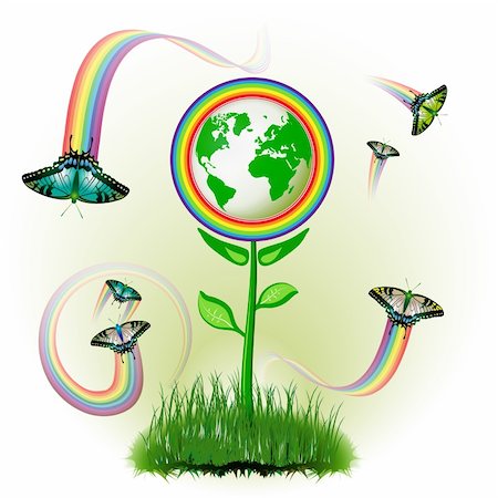 simsearch:400-05366140,k - Eco Earth flowers, garden, butterflies with rainbow jets Fotografie stock - Microstock e Abbonamento, Codice: 400-04307922