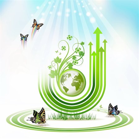 simsearch:400-05366140,k - Green Earth with green arrow stripes and butterflies over sky background Fotografie stock - Microstock e Abbonamento, Codice: 400-04308155