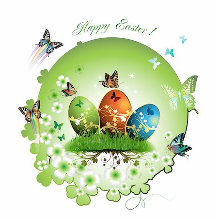 simsearch:400-06073581,k - Easter card with butterflies and decorated eggs on grass Foto de stock - Royalty-Free Super Valor e Assinatura, Número: 400-04308225