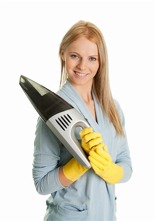 rubber hand gloves - Cheerful woman with handheld vacuum cleaner. Isolated on white Stock Photo - Budget Royalty-Free & Subscription, Code: 400-04308344