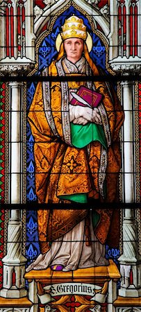 Church window in the Dom of Cologne, Germany, depicting Saint Gregorius, one of the four Latin Church Fathers. The window, made in the Royal Glass Painting Manufactory in Munich, was installed in 1847. Stock Photo - Budget Royalty-Free & Subscription, Code: 400-04308759