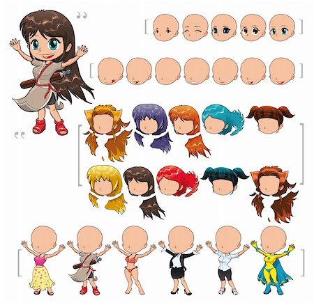 Avatar girl, vector illustration, isolated objects.  All the elements adapt perfectly each others. Larger character on the right is just an example. 5 eyes, 7 mouths, 10 hair and 6 clothes. Enjoy!! Photographie de stock - Aubaine LD & Abonnement, Code: 400-04308780