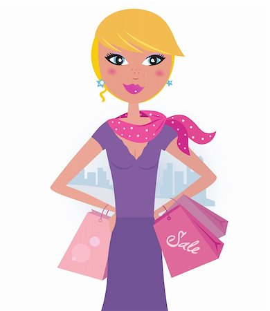 simsearch:400-04284048,k - Elegant woman with shopping bags in the city. Vector fashion illustration. Fotografie stock - Microstock e Abbonamento, Codice: 400-04309294