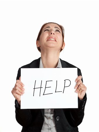 simsearch:400-04343341,k - Stressed business woman imploring for help, holding a cardboard with the message "Help" Foto de stock - Super Valor sin royalties y Suscripción, Código: 400-04309538