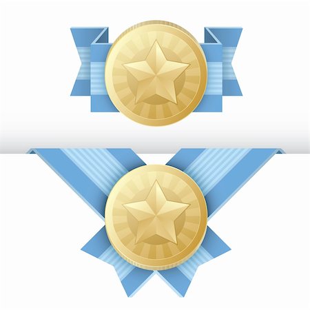 Vector Illustration of a medal or award with blue ribbon. Star shape is on the golden badge. Representations of this emblem include: Achievement, Winning, 1st Place, Best Player or Most Valuable Player of a game or sport, Quality Product, or any other type of success.    One of the decorations is folded over the edge. Great to use as a design element in a package label design, website, or on a cer Stock Photo - Budget Royalty-Free & Subscription, Code: 400-04300035