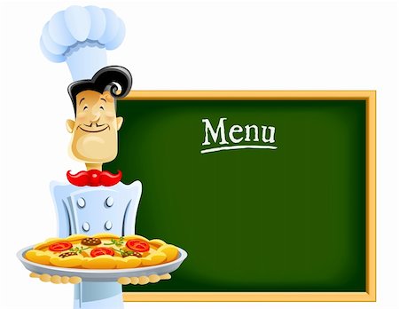 cook with pizza and menu vector illustration isolated on white background Stock Photo - Budget Royalty-Free & Subscription, Code: 400-04300742