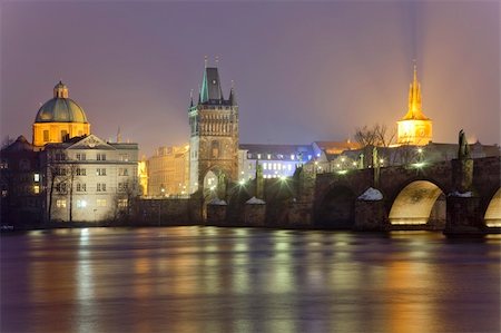 prague bridge - czech republic prague - charles bridge and spires of the old town at dusk Stock Photo - Budget Royalty-Free & Subscription, Code: 400-04302298