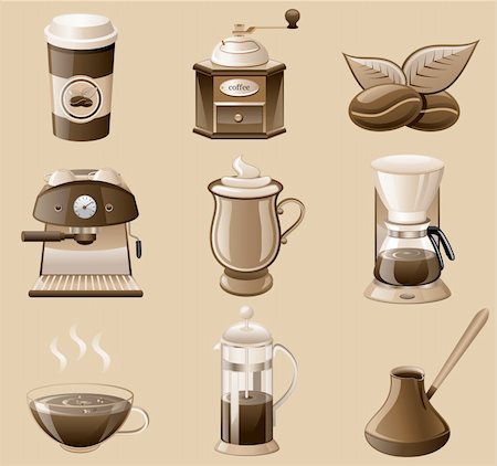 french press coffee maker - Vector coffee icon set isolated on brown background. Stock Photo - Budget Royalty-Free & Subscription, Code: 400-04302391