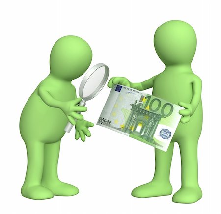 Authentication of the banknote. Two puppets with loupe and euro banknote Stock Photo - Budget Royalty-Free & Subscription, Code: 400-04302704