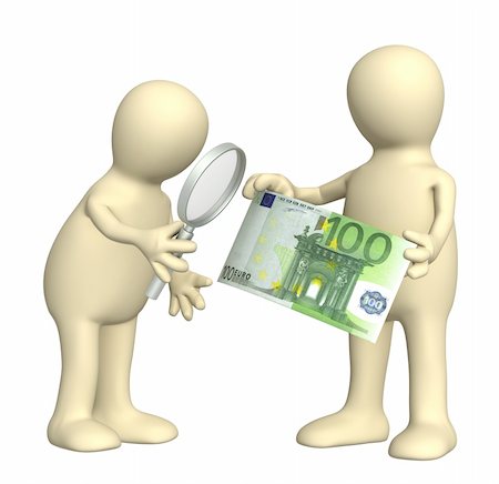 Authentication of the banknote. Two puppets with loupe and euro banknote Stock Photo - Budget Royalty-Free & Subscription, Code: 400-04302705
