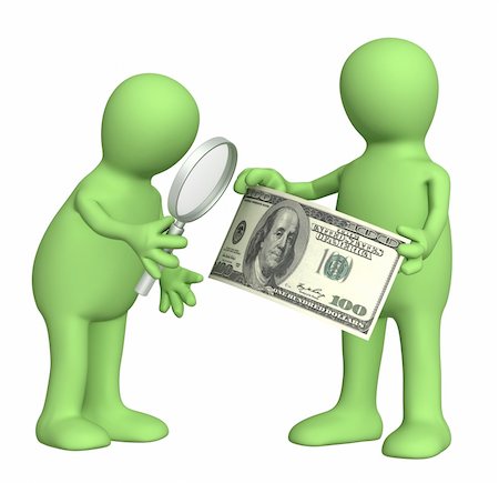 Authentication of the banknote. Two puppets with loupe and dollar banknote Stock Photo - Budget Royalty-Free & Subscription, Code: 400-04302706