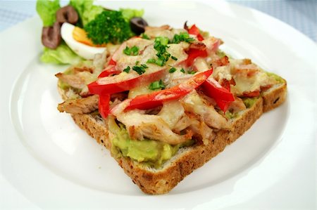 simsearch:400-05255035,k - Grilled open chicken sandwich with avocado, peppers and cheese with a side salad. Stock Photo - Budget Royalty-Free & Subscription, Code: 400-04302825