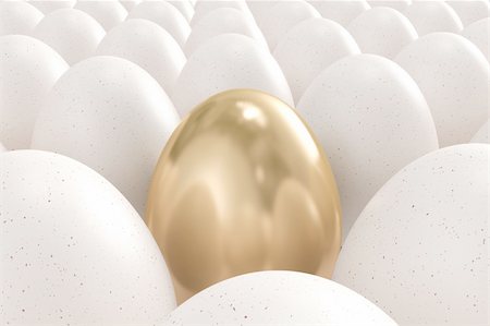 High quality 3d image of a golden egg standing out from the crowd Stock Photo - Budget Royalty-Free & Subscription, Code: 400-04303025