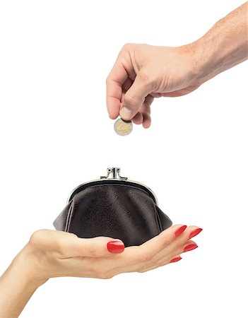 Leather wallet in woman hand and man hand with coin isolated on white background Stock Photo - Budget Royalty-Free & Subscription, Code: 400-04303199