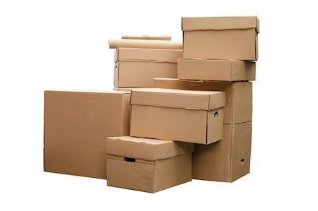 simsearch:400-04306840,k - Brown different cardboard boxes arranged in stack on white background Fotografie stock - Microstock e Abbonamento, Codice: 400-04303621