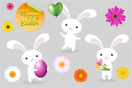 3 Rabbits With Egg, Balloon And Fower, Happy Easter Greeting Card, Vector Illustration Stock Photo - Budget Royalty-Free & Subscription, Code: 400-04314368