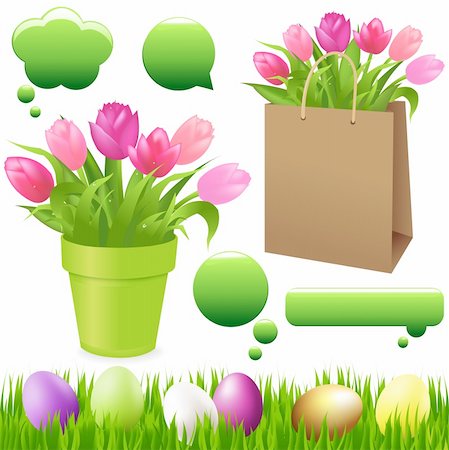 simsearch:400-05333490,k - Spring Set From Grass With Eggs, Tulips In Pot And In Package And Chat Bubble Photographie de stock - Aubaine LD & Abonnement, Code: 400-04314382