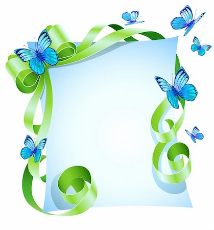 greeting card with green bow and blue butterfly vector illustration isolated on white background Stock Photo - Budget Royalty-Free & Subscription, Code: 400-04314453